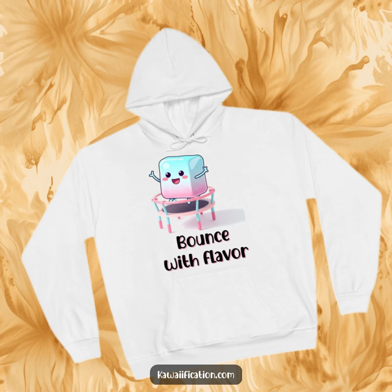 Funny hoodie depicting a jubilant jelly cube character energetically bouncing on a candy trampoline, exuding contagious joy and sugary delight.