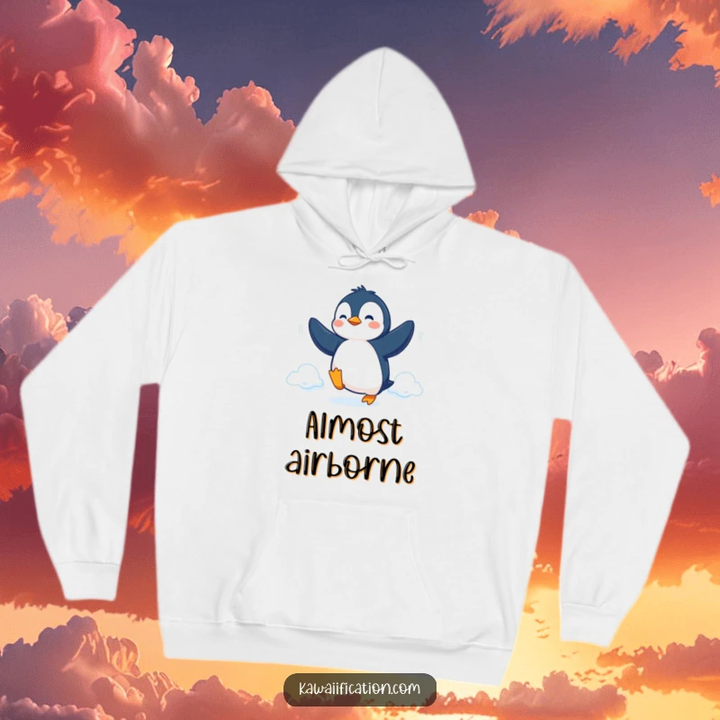 Funny Hoodie featuring a determined penguin attempting flight with flippers, offering cozy inspiration and humor.