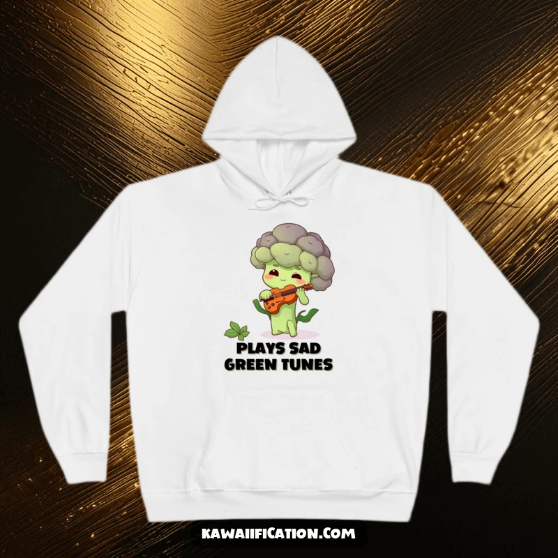Funny hoodie featuring a shy broccoli floret playing a tiny violin, bringing a touch of humorous artistry.