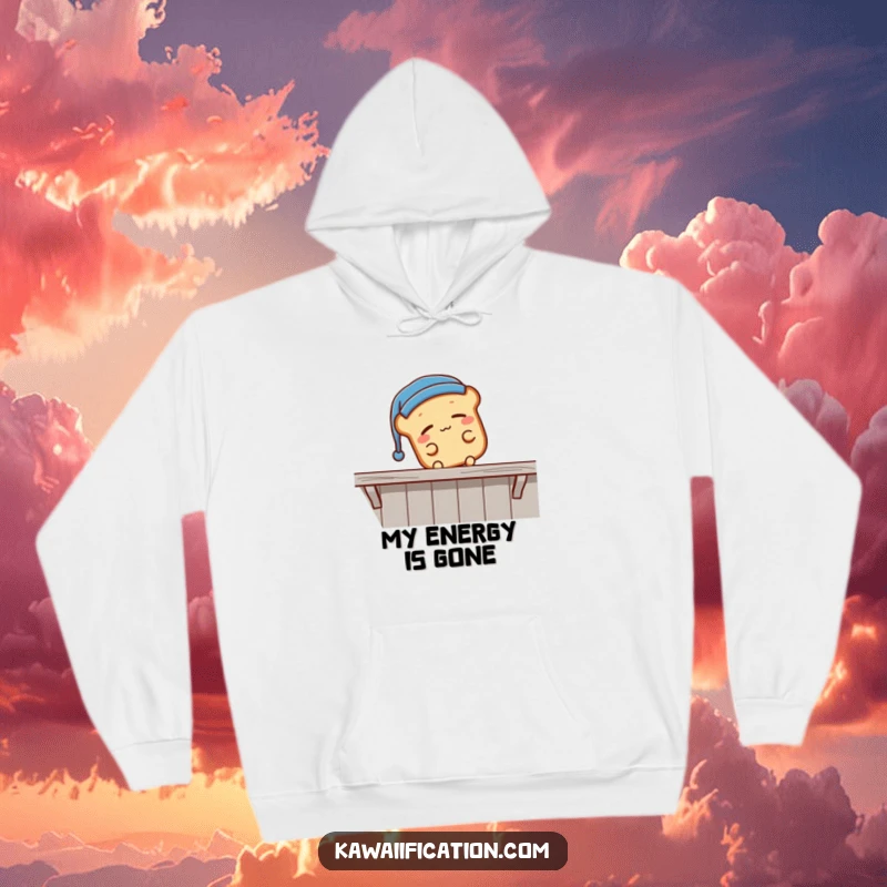 Funny sleepy bread loaf wearing a nightcap, falling off a shelf, soft hoodie featuring a comical sleeping character, best funny gift.