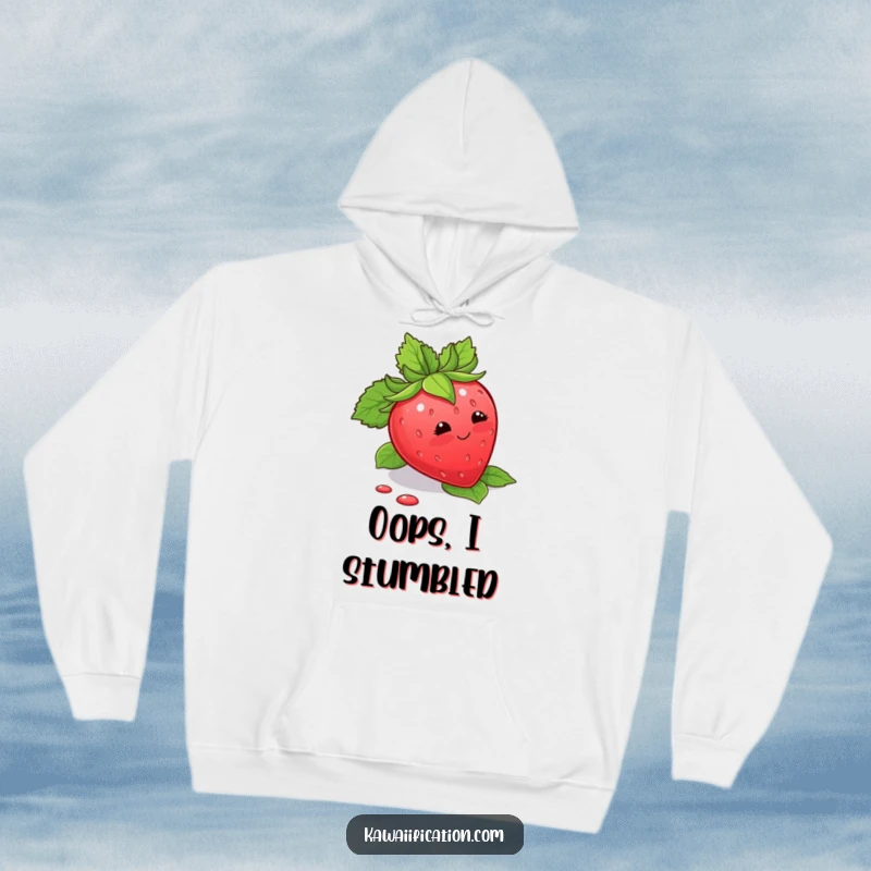 Funny Hoodie featuring a blushing strawberry tripping over its leaves, offering cozy comfort and sweet humor.
