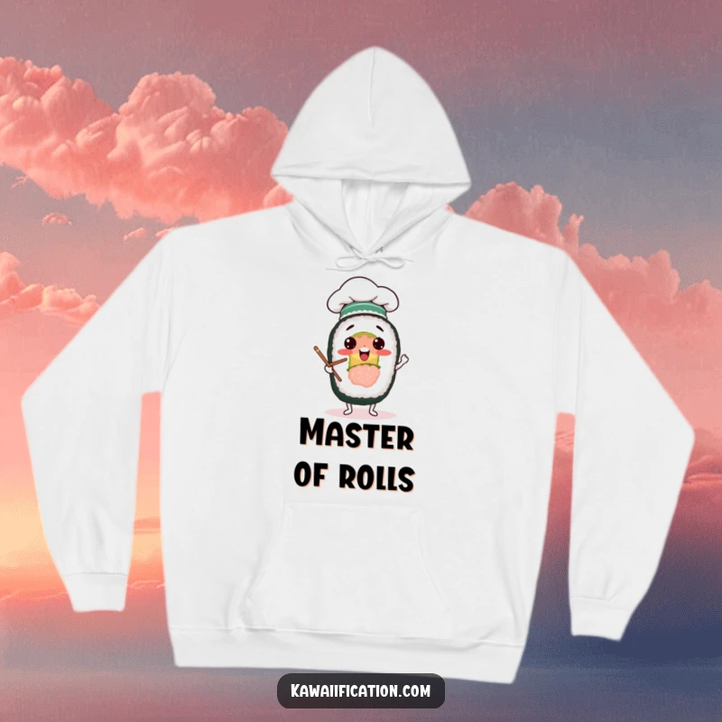 Funny hoodie featuring a cheerful sushi roll in a tiny chef hat, comically juggling chopsticks, perfect for cozy food-themed fun.