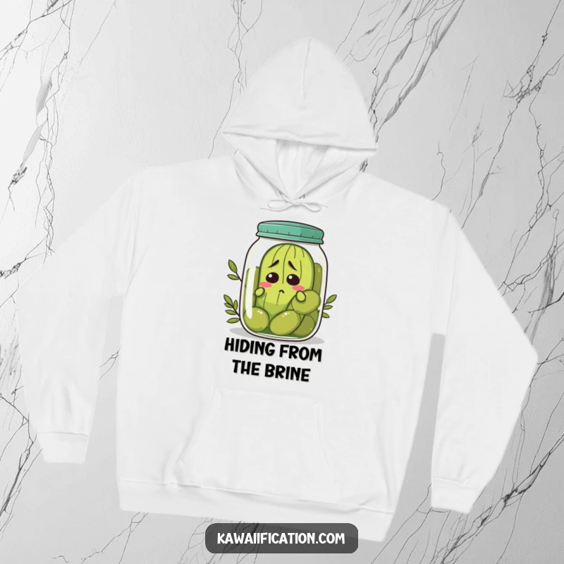Funny nervous pickle hoodie trying to hide in a jar of olives, cozy attire for relatable humor, great funny gift.