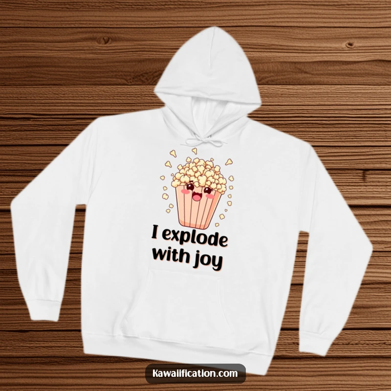 Funny hooded sweatshirt showing a bag of popcorn comically bursting with kernels due to excessive excitement.