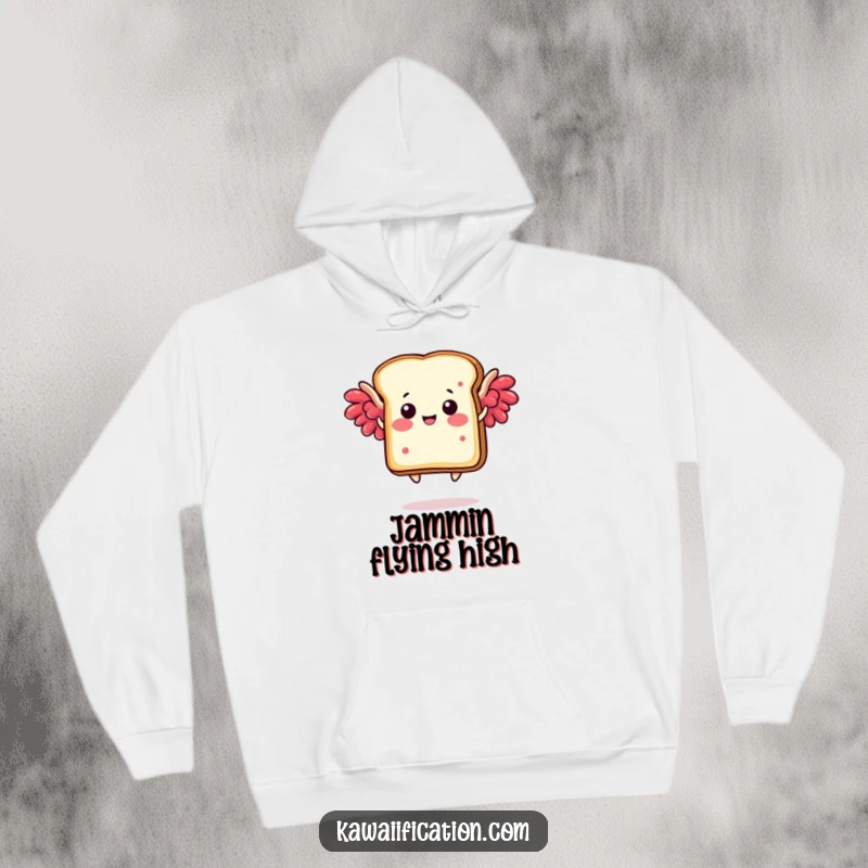 Funny hoodie featuring a happy toast slice with jam wings humorously attempting to fly, offering cozy, comedic warmth.