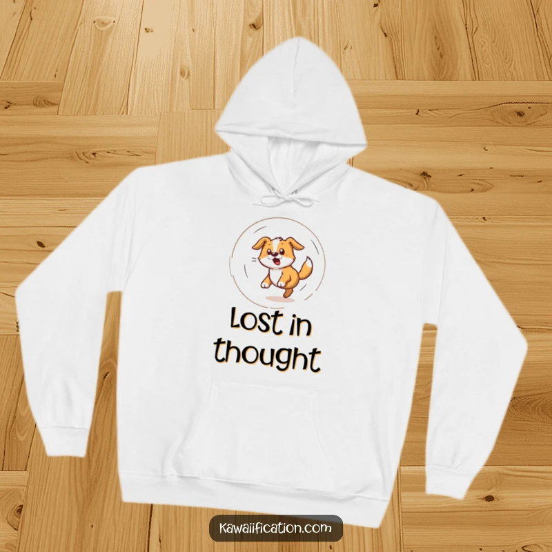 Funny hoodie illustration of a dog in a frantic, dizzy spiral as it chases its own tail, pure canine energy.