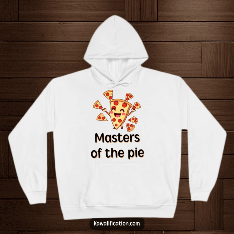 Funny hoodie with a smiling pizza slice skilfully juggling multiple pepperoni slices, a cozy and humorous design.