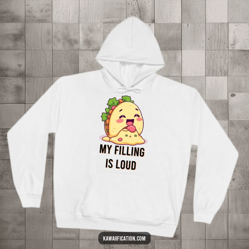 Funny Taco Spill Hoodie illustration of a giggling taco character with its filling comically spilling out, a warm and amusing item.