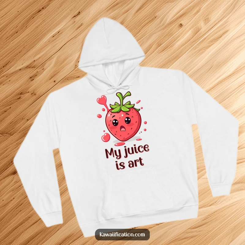 Funny Strawberry Surprise Hoodie illustration of a surprised strawberry character with juice splattering in a funny shape, a warm and amusing item.