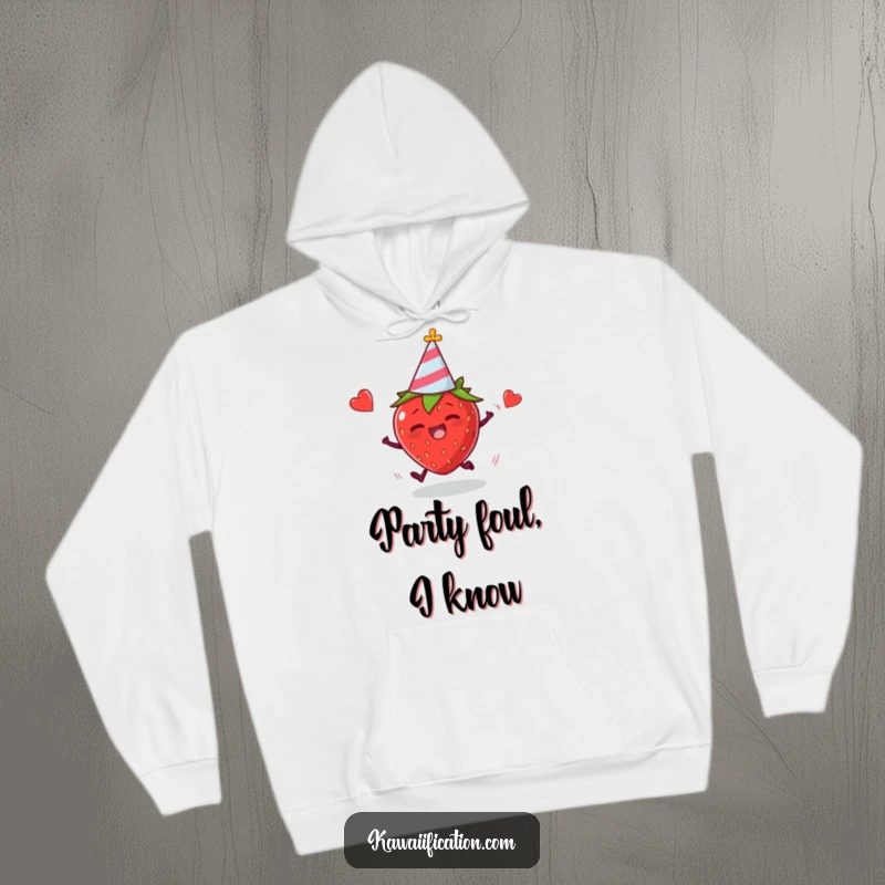 Funny hoodie featuring a plump strawberry wearing a party hat and tripping, a humorous depiction of party chaos.