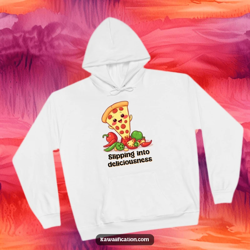 Funny hoodie depicting a giggling pizza slice character slipping on a scattered pepper, offering warmth and a touch of culinary comedy.