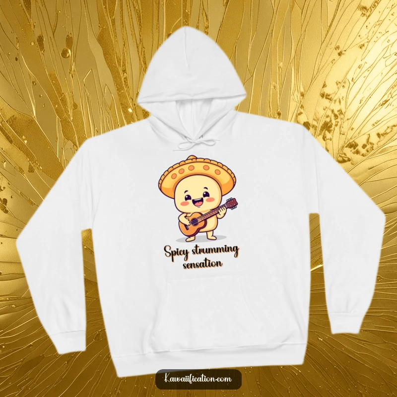 Funny hoodie depicting a delighted taco in a mariachi hat, enthusiastically playing a miniature guitar, radiating musical joy and fiesta spirit.