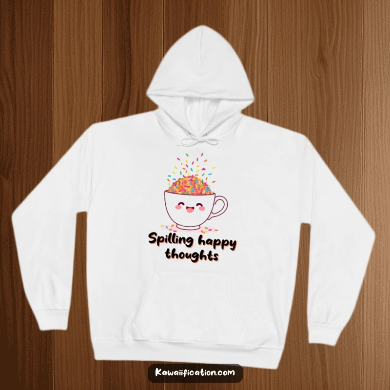 Funny hoodie featuring a cheerful teacup overflowing with vibrant, dancing sprinkles, a cozy and joyful design.