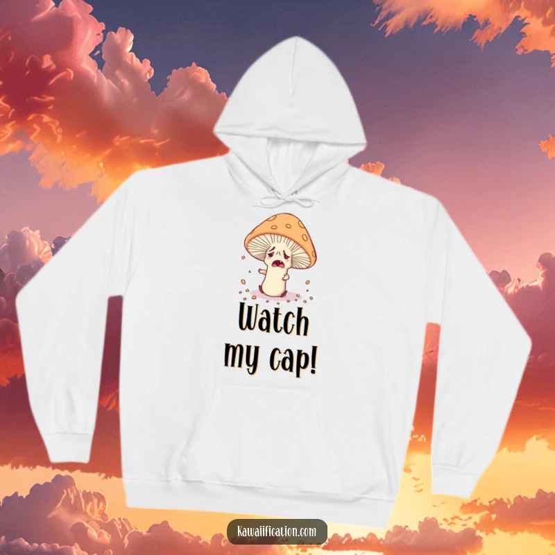 Funny nervous mushroom character tripping over its own cap, scattering spores, featured on a soft and warm hoodie.
