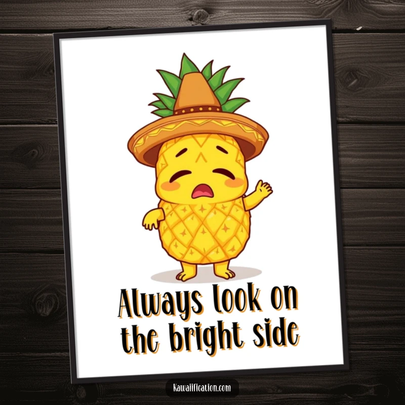 Free Printable wall art of a bewildered pineapple wearing a sombrero attempting to limbo.