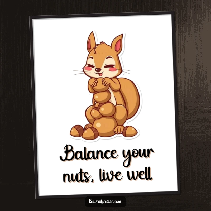Funny free printable wall art of a determined squirrel trying to balance an impressive stack of acorns, a humorous downloadable.
