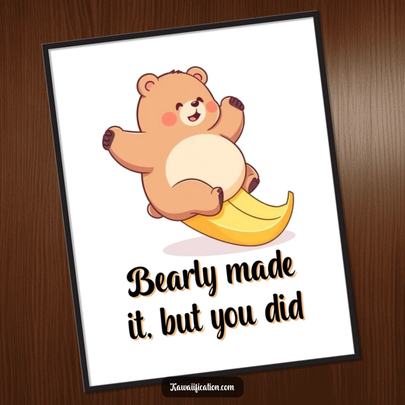 Funny Free Printable Wall Art: A plump bear comically struggling to stay upright on a very slippery banana peel.