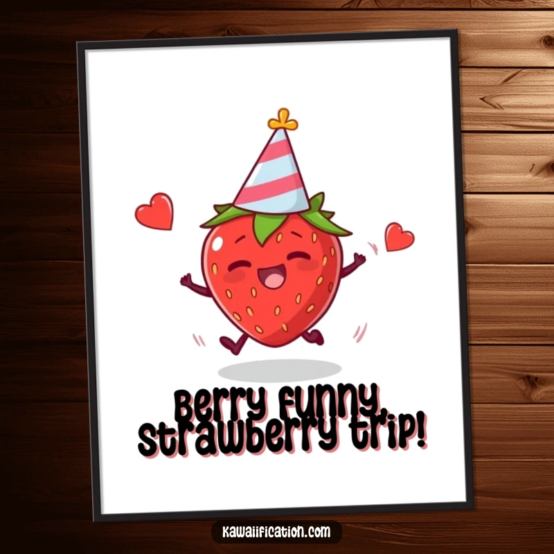 Funny Free Printable Wall Art: Plump Strawberry Wearing Party Hat Trips Hilariously Mid-Festivity