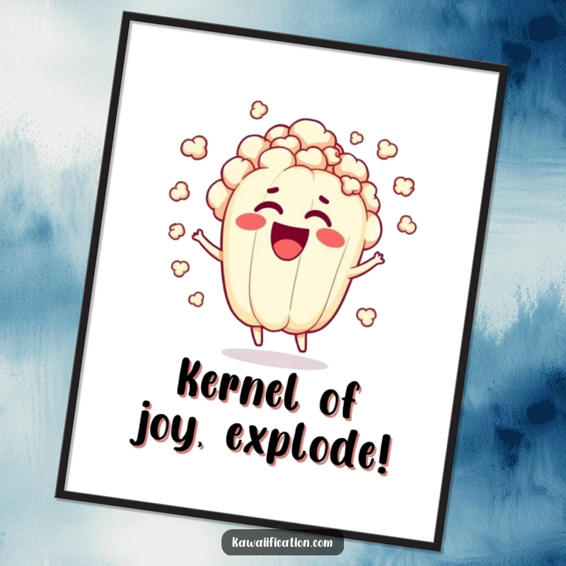 Funny Free Printable Wall Art of a popcorn kernel character joyfully exploding with energy, adding a vibrant touch.