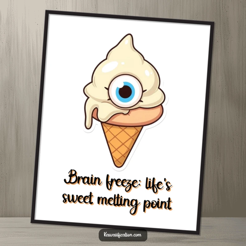 Funny Free Printable Wall Art: A melting ice cream cone with one giant eye, looking confused, a hilarious and unique downloadable.