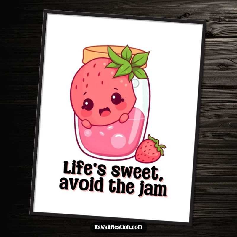 Funny Free Printable Wall Art: A cheerful strawberry character looking surprised, stuck inside a jam jar, a humorous and downloadable piece.