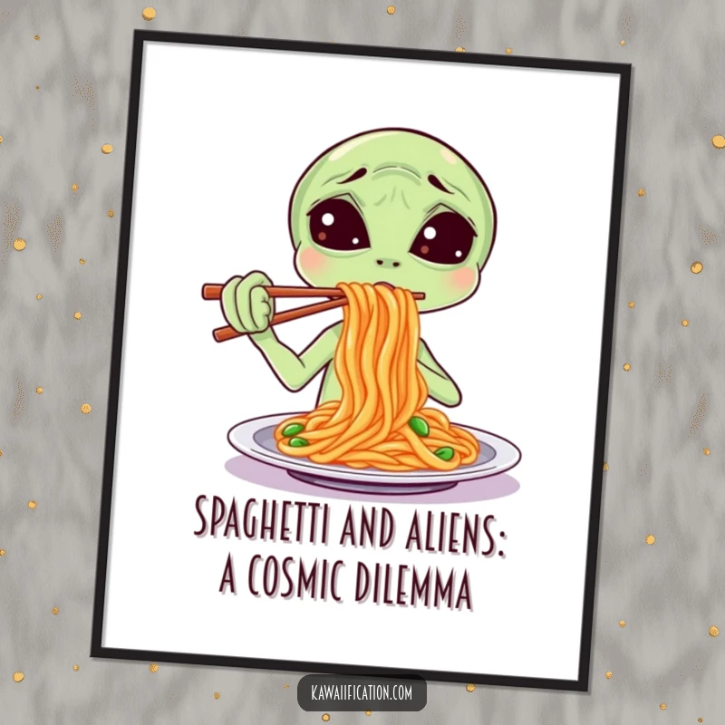 Funny Free Printable Wall Art showing a confused alien humorously attempting to eat spaghetti with unfamiliar chopsticks.