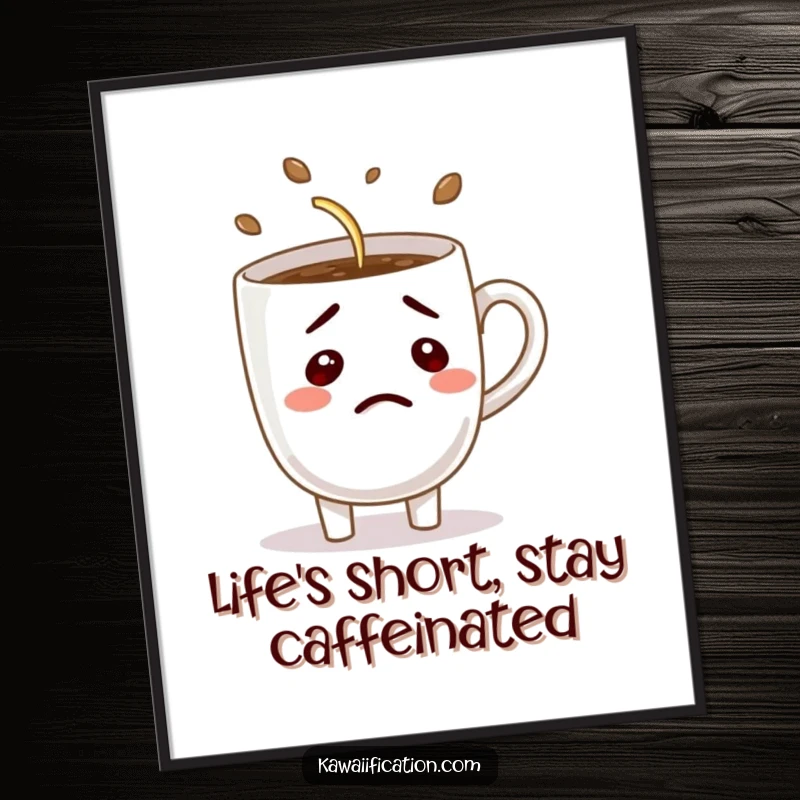 Funny Free Printable Wall Art: A confused coffee cup comically tries to pour itself, creating a humorous scene.