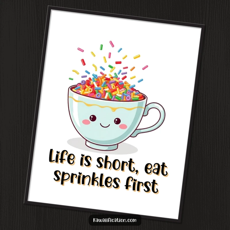 Funny Free Printable Wall Art: A vibrant teacup overflowing with colorful, energetic dancing sprinkles.