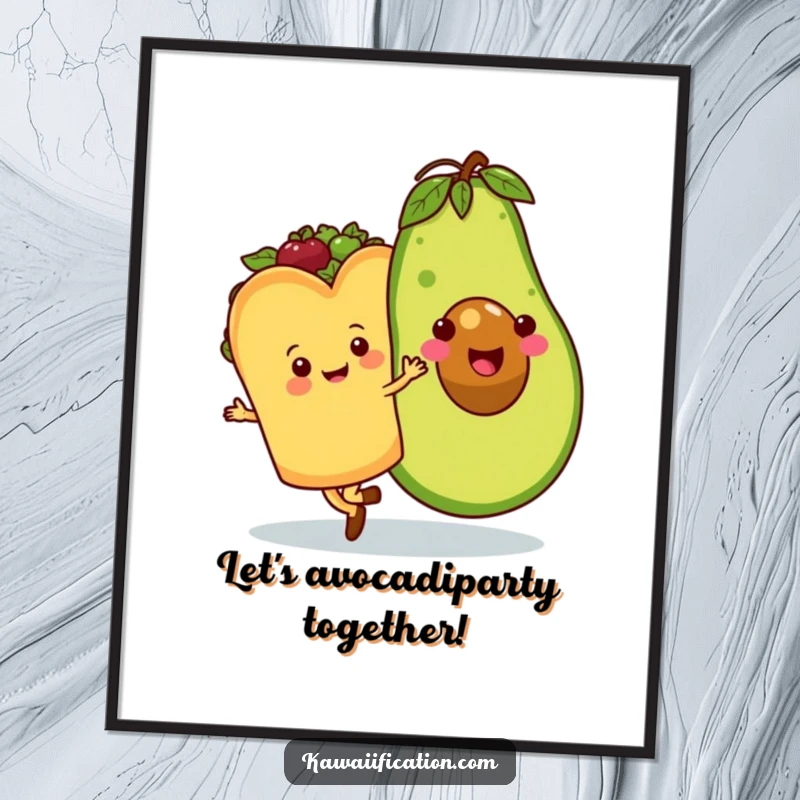 Funny Free Printable Wall Art: A happy taco and smiling avocado waltzing together in a whimsical, fun dance.