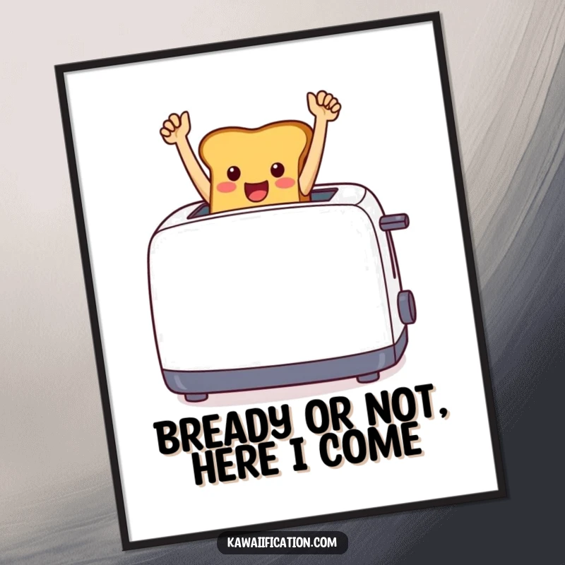 Funny Free Printable Wall Art: A cheerful toast leaping triumphantly from a toaster with raised arms, a humorous downloadable.