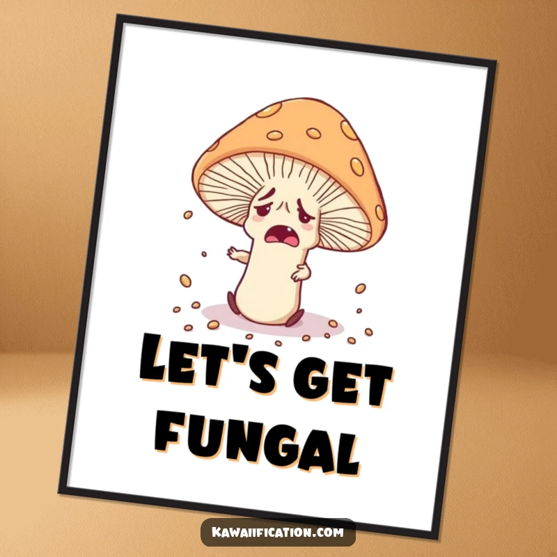 Funny Free Printable wall art of a nervous mushroom character tripping over its own cap, scattering spores.
