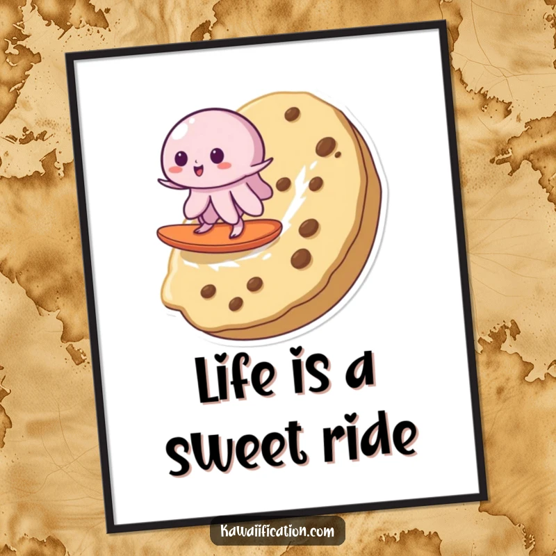Funny Free Printable Wall Art: a joyful wobbly jelly masterfully surfing a giant cookie on the ocean.
