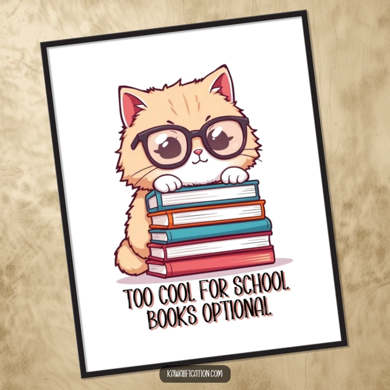Funny Free Printable Wall Art: Fluffy cat wearing oversized glasses, humorously balancing a precarious stack of books.