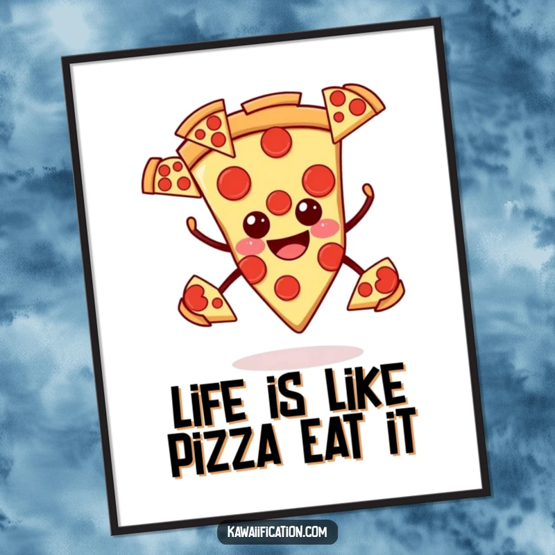 Funny Free Printable Wall Art: Smiling pizza slice humorously juggling multiple pepperoni slices.
