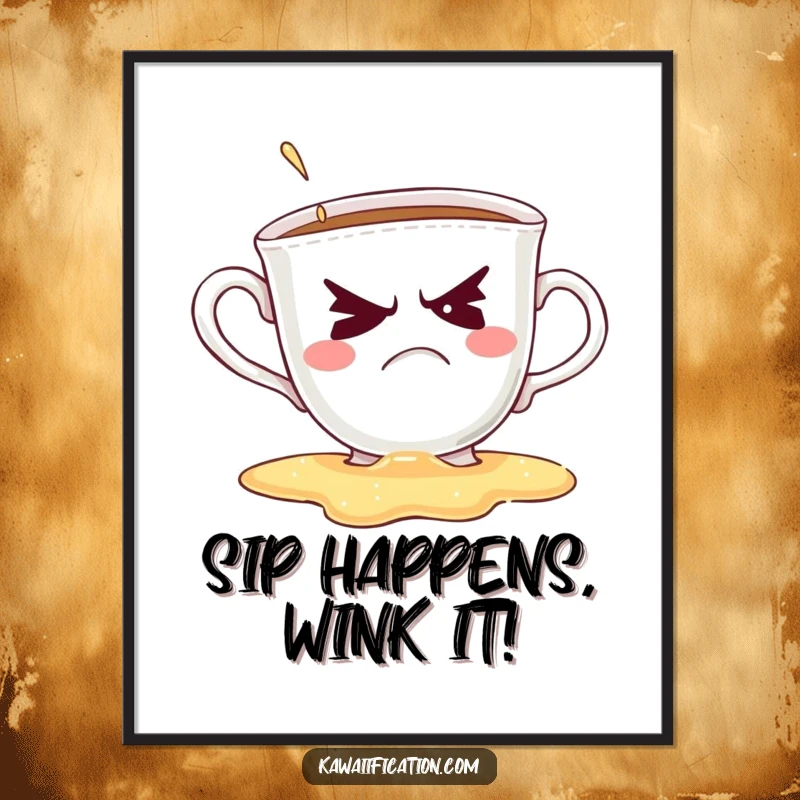 Funny Free Printable Wall Art: Grumpy Teacup Spills Contents While Attempting a Hilarious, Awkward Wink