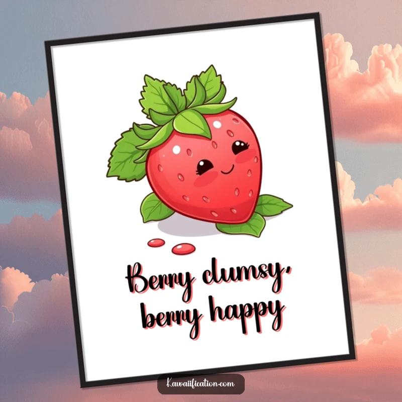 Funny Free Printable Wall Art of a blushing strawberry comically tripping over its own leaves, showcasing sweet, shy charm.