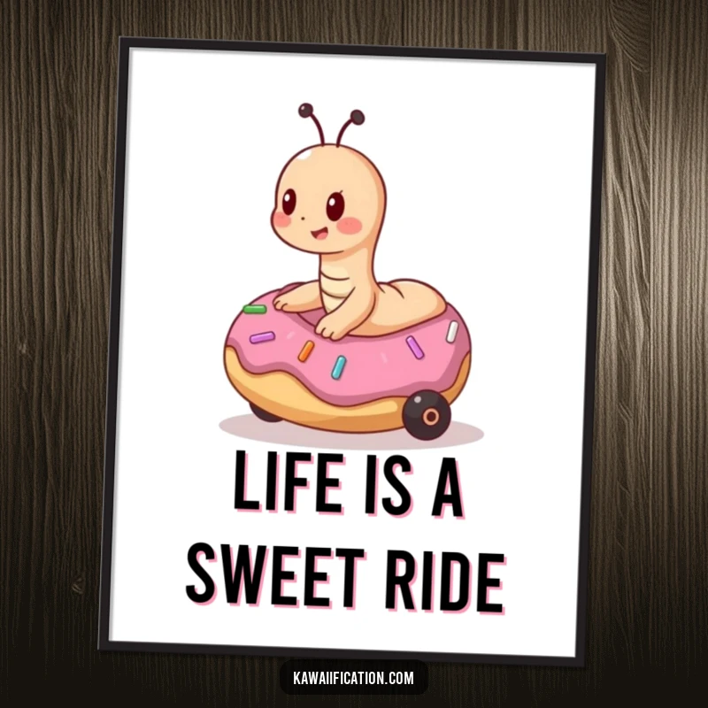 Funny free printable wall art depicting a playful worm bravely riding a rolling donut, a whimsical downloadable.