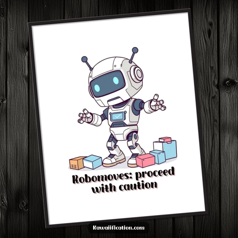 Funny free printable wall art of a clumsy robot dancing, with art supplies scattered around its feet, radiating playful energy.