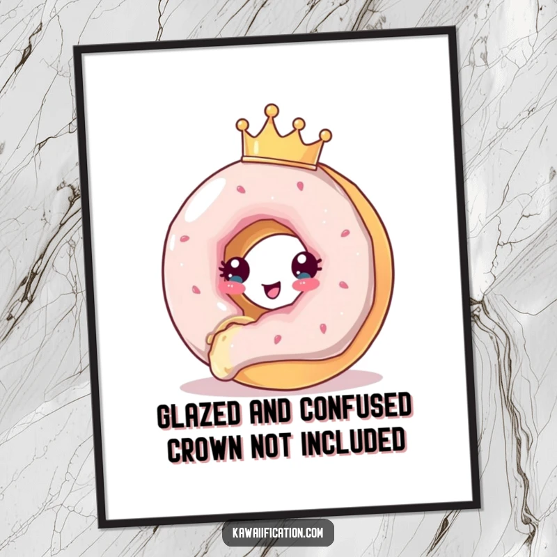 Funny Free Printable Wall Art depicting a tiny-crowned donut making a comical escape attempt from an incoming bite.