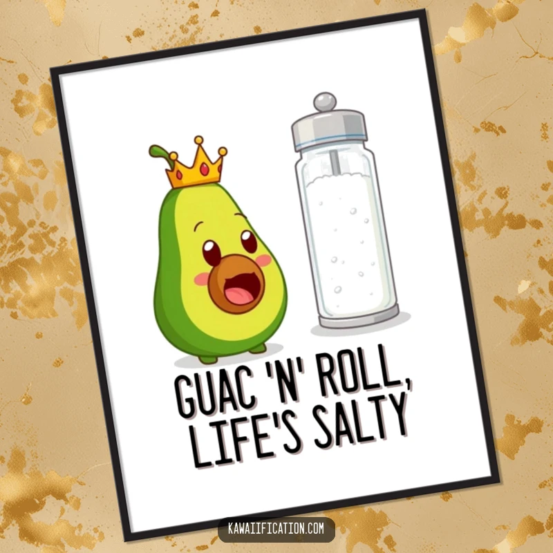Funny Free Printable Wall Art: Tiny-crowned avocado looking comically shocked by an oversized salt shaker.