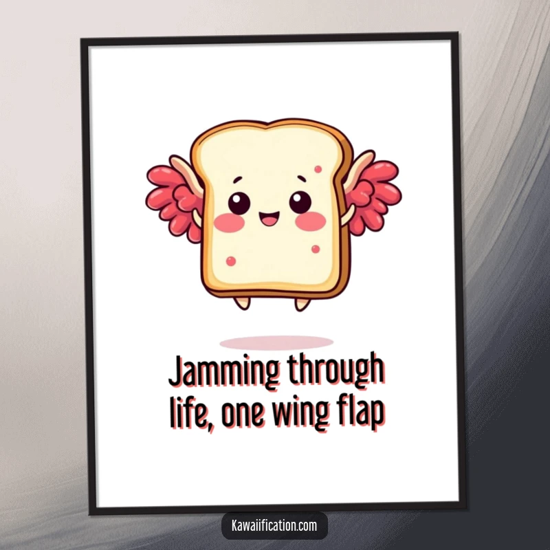 Funny Free Printable Wall Art: A cheerful toast slice with jam wings attempts flight, bringing whimsical charm to any space.