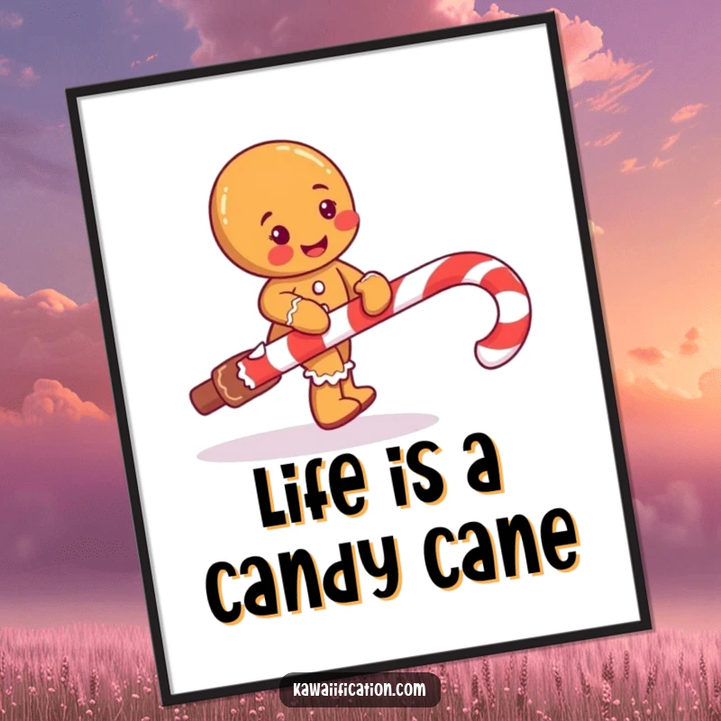 Funny free printable wall art of a mischievous gingerbread man character tripping over a giant candy cane.
