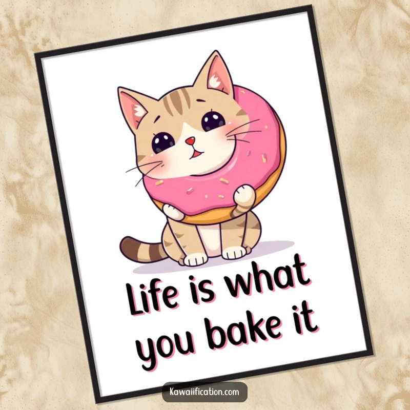 Funny Free Printable wall art of a wobbly cat precariously balancing a giant donut on its nose.