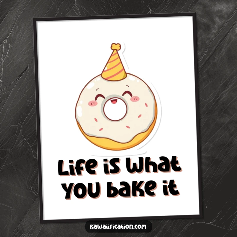 Funny Free Printable Wall Art: A happy donut character comically tries to put on a small, festive party hat.