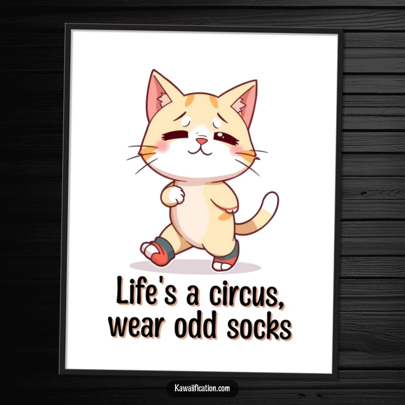 Funny Free Printable Wall Art: A bewildered cat in mismatched socks attempts a backward stroll, adding playful confusion.