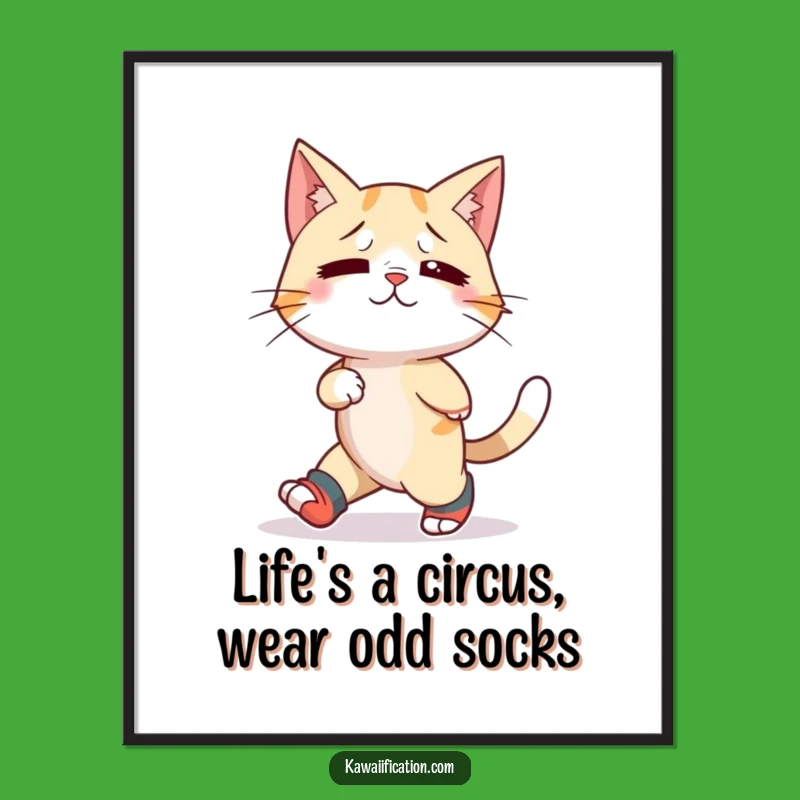 Free Printable Wall Art: Funny Confused Cat - Mismatched Socks, Downloadable Decor