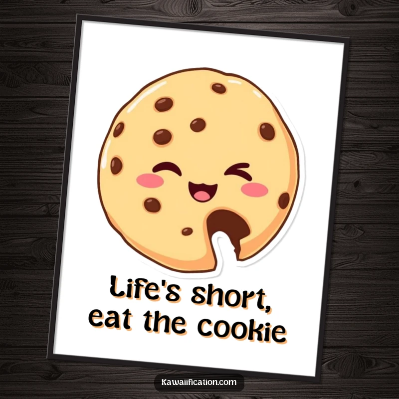 Funny Free Printable Wall Art of a cheerful cookie character with a bite taken out, winking playfully to add charm.