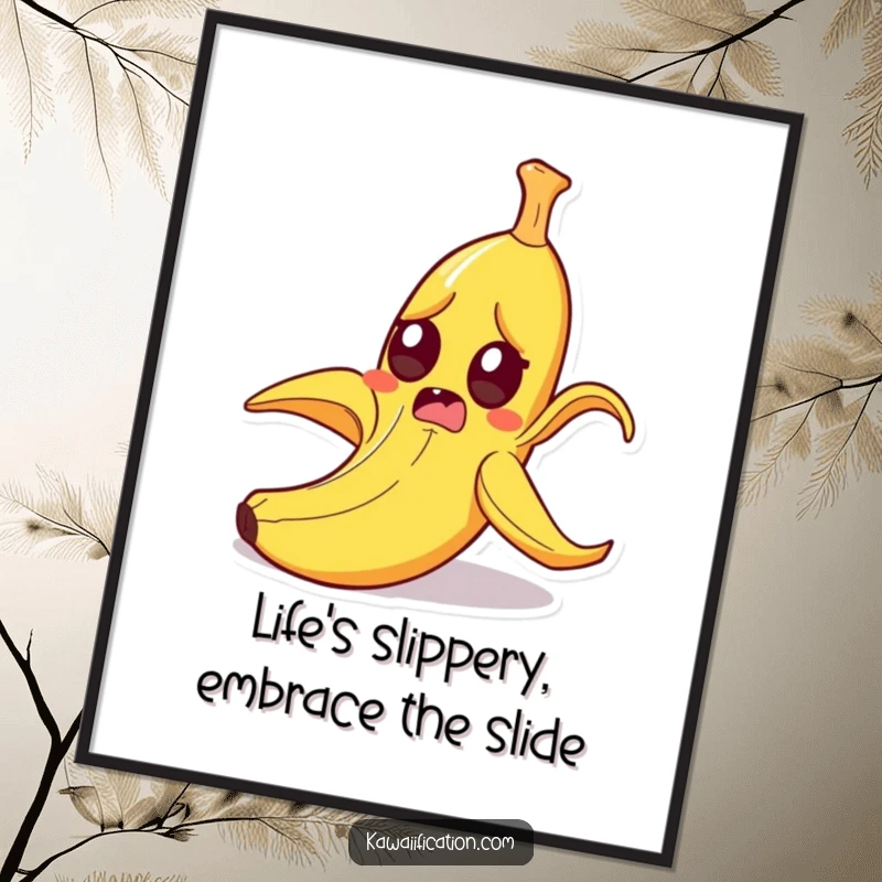 Funny Free Printable Wall Art: A startled cartoon banana peel slipping comically with wide eyes, a hilarious downloadable piece.