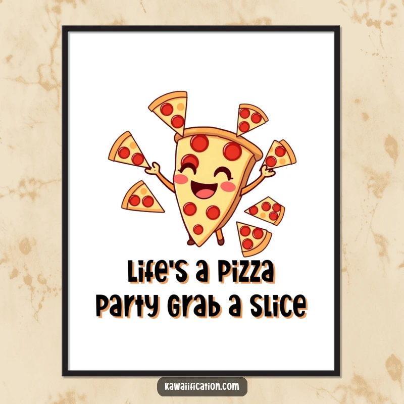 Funny free printable wall art of a smiling pizza slice skillfully juggling many pepperoni slices with pure delight.