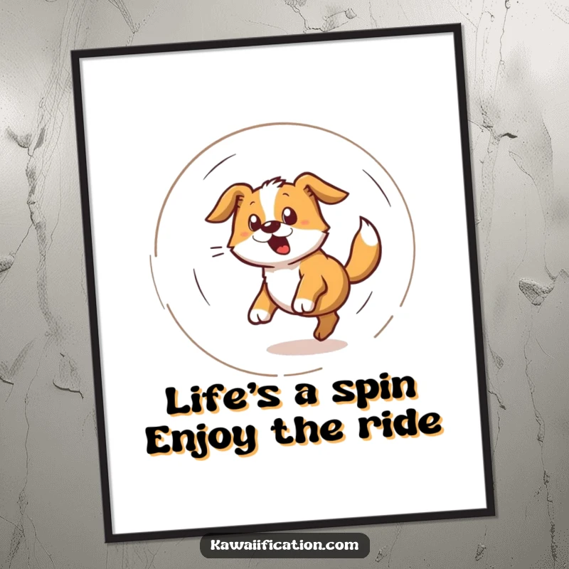 Funny free printable wall art of a dog in a comical, dizzying spiral as it chases its own tail.